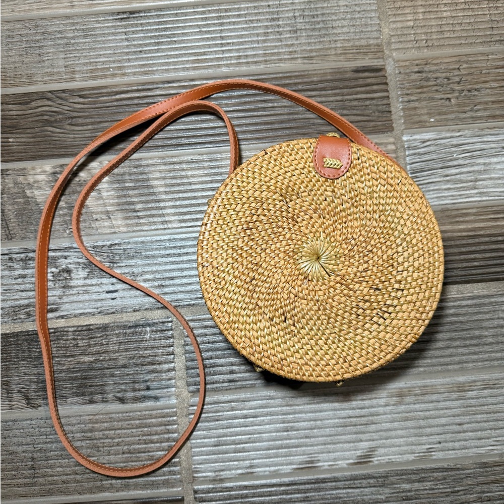 Round Woven Tan Crossbody Bag